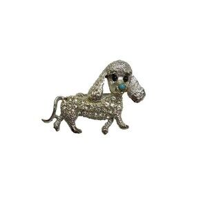 Vintage Poodle Dog Brooch Silver Tone Rhinestone Pin Cute Animal Jewelry